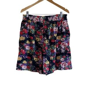 Vintage Sport Accent Elastic Waist Pull On Floral Shorts Pockets Size L Coquette